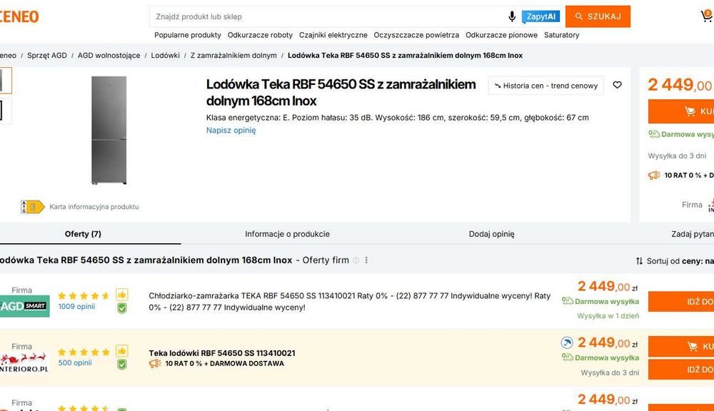 NOWA TEKA Lodówka NoFrost RBF 54650 SS gwar 2 lata P6