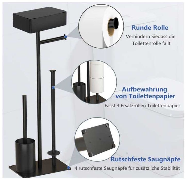 Stojak na papier toaletowy, stal nierdzewna, 4 w 1 + szczotka, czarny