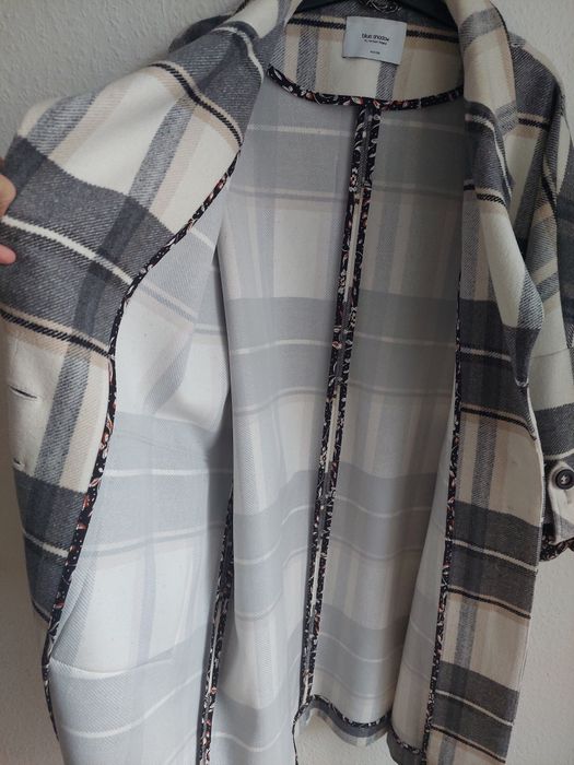 Gruby płaszcz w kratę beżowo szary L XL XXL Blue Shadow plus size Nowy