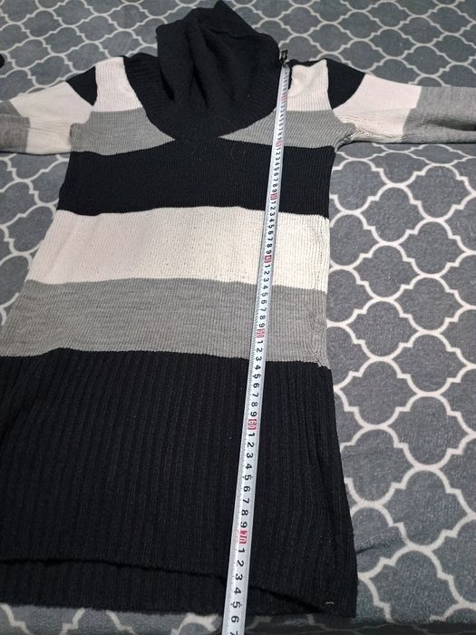 Sweter z długim tunika sukienka czarny biały szary paski golf r. 38 M