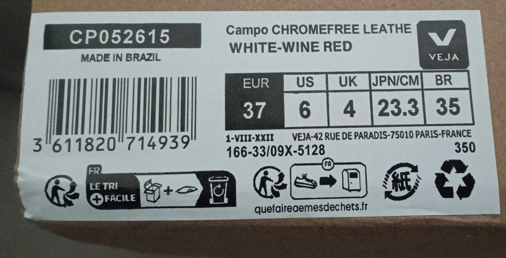 Sapatilhas Veja Campo White/Wine Red - Tam. 37 - Novas com caixa