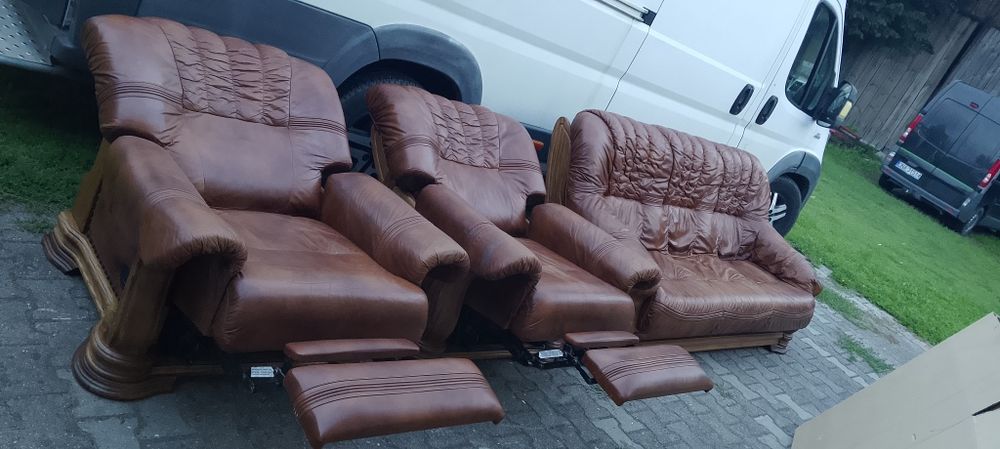 Komplet skóra w dębie kanapa + 2 (fotele relax)