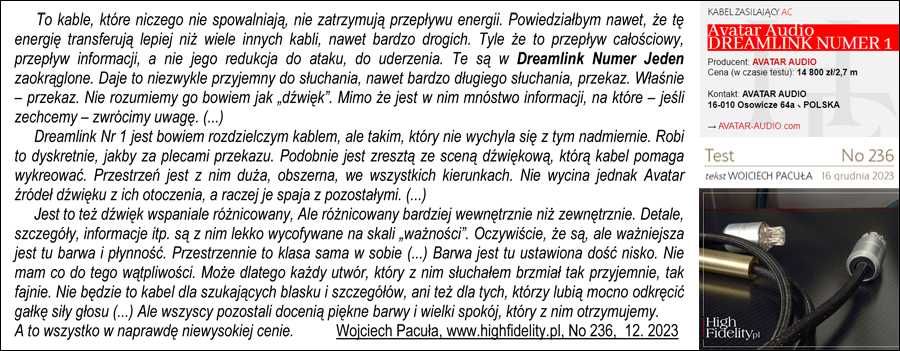 Kabel zasilający Avatar Audio DREAMLINK Nr 2 stary model -40%