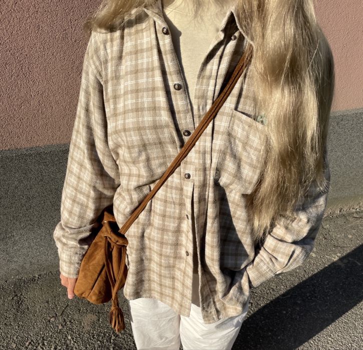 Сорочка бежева в клітинку, сорочка під вінтаж в клітинку