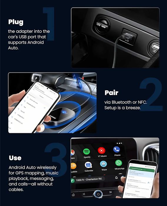 Bezprzewodowy adapter Android Auto BT WIFI NFC Cuarko AWO bez opóźnień