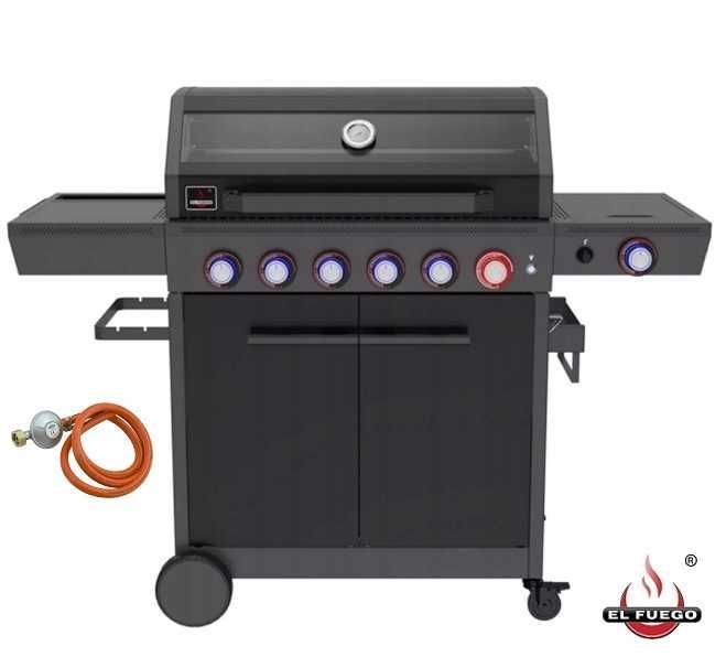 Duży Grill Gazowy EL FUEGO KEY WEST 6+1 22kW Żeliwny Ruszt 82x42cm STREFA TURBO 6 +1 z szybą + Reduktor OD RĘKI !