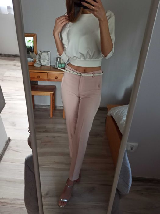 Spodnie pudrowy róż eleganckie na kant proste kobiece XS S m