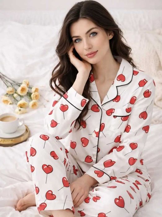 Жіноча піжама біла в сердечко/Женская пижама белая в сердечки