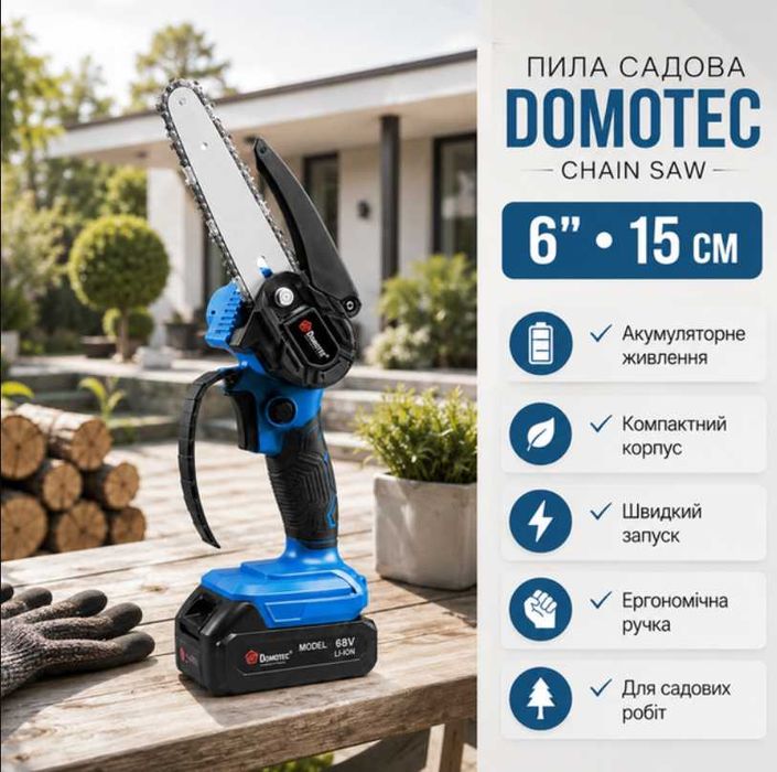 Міні пила акумуляторна Domotec  6 дюймів 15 см з двома акумуляторами безщіткова ланцюгова у кейсі +2 ланцюги