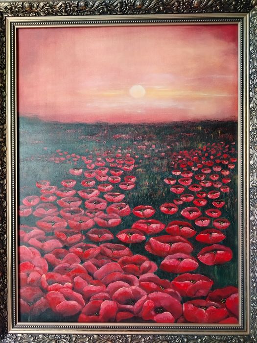 Duży obraz olejny "Pole maków" w pięknej złotej ramie - 90/70 cm