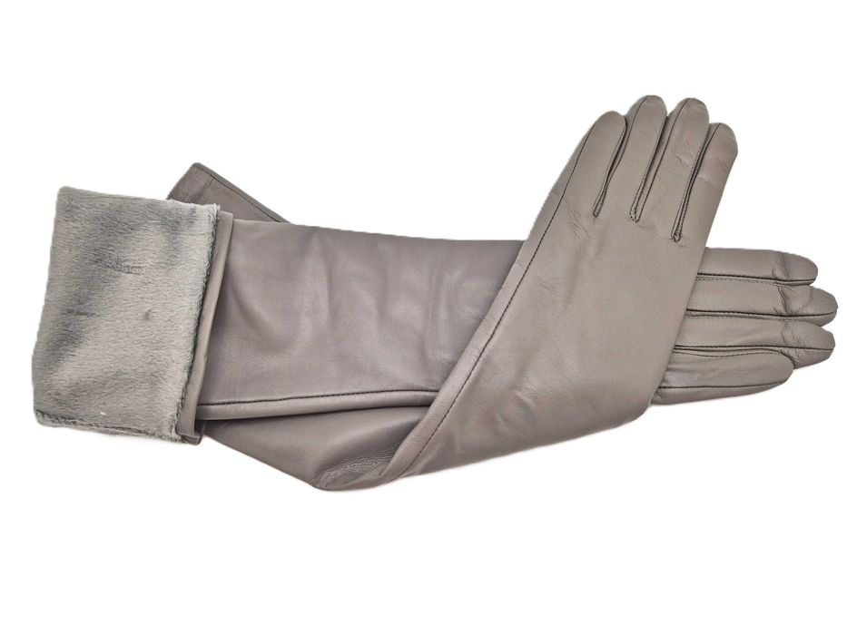 Длинные кожаные серые перчатки довгі сірі рукавички