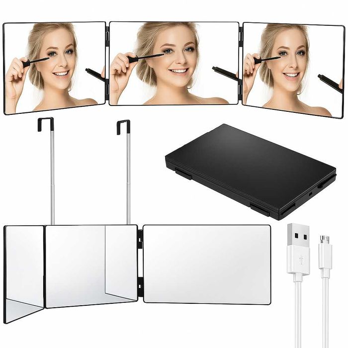 Професійне трисекційне дзеркало з LED‑підсвіткою, 360, кріплення 2в1