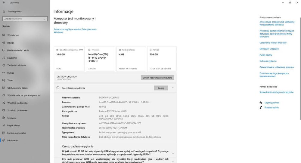 Komputer PC do gier i pracy i5-4440, RX 570 4GB , 16 GB RAM, SSD + HDD