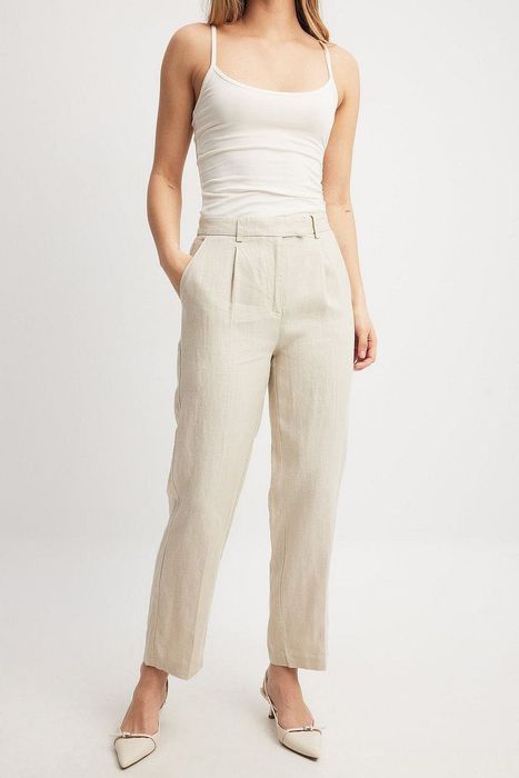 NA-KD__Eleganckie spodnie Cropped LEN beżowe wysoki stan__40/L