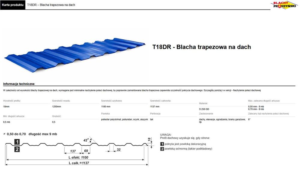 Pruszyński blacha trapezowa T-18 DR 1100 0,50 RAL 5010
