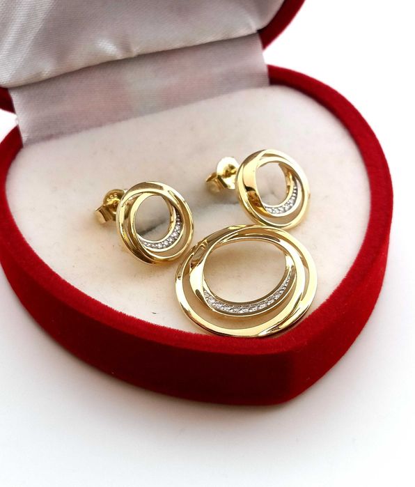 Złote kolczyki i zawieszka z Brylantami 0,08ct komplet PR.585 W:4,91gr InterSKLEP