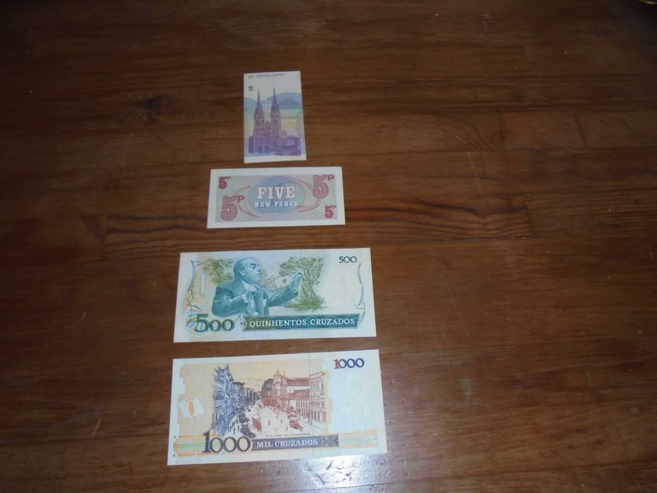 cztery banknoty Anglia Brazylia i Chorwacja b260