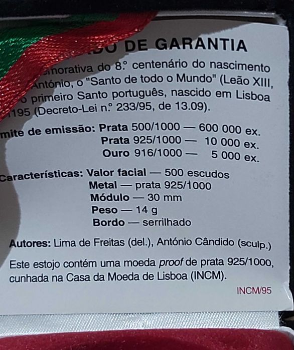 500$00 de 1995, 8º centenário nascimento de Santo António Prata Proof