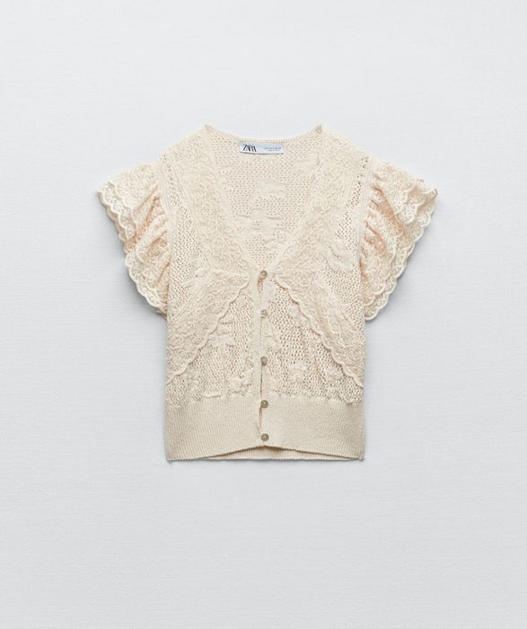 Zara top szydełkową koronkowy z falbanami rM