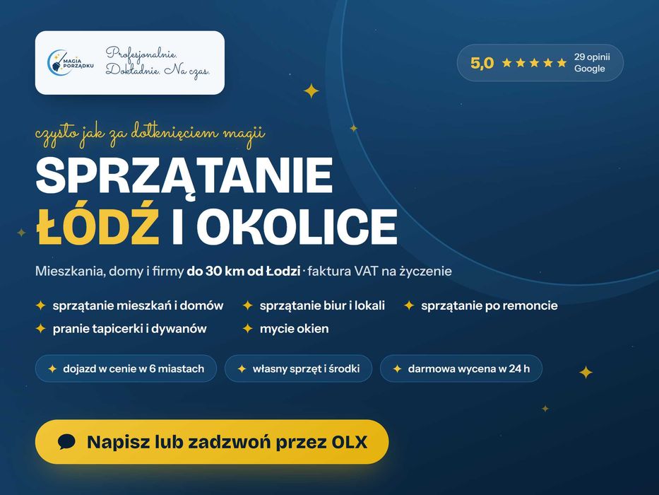 Sprzątanie mieszkań, domów i biur, po remoncie, pranie tapicerki i dywanów, mycie okien. Łódź, Zgierz, Pabianice i okolice do 30 km. Wycena w 24 h