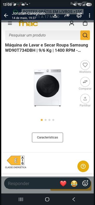 Máquina de lavar e secar roupa samsung  9/6 kg