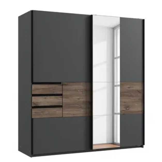 Elegancka szafa przesuwna z lustrem, grafit + dąb, nowoczesna