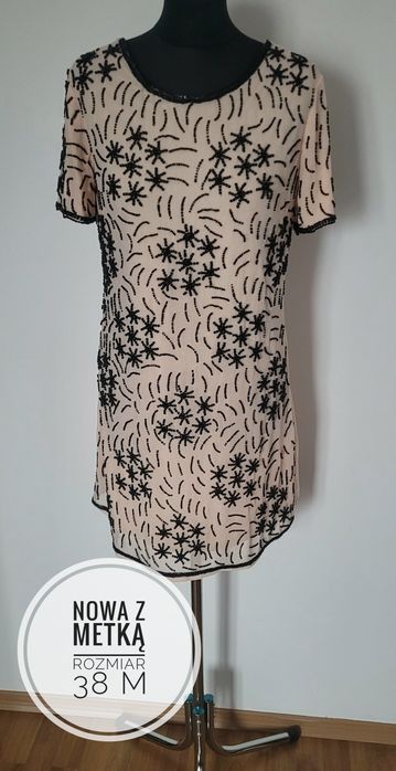 Nowa efektowna sukienka koktajlowa z rękawkiem zdobiona koralikami