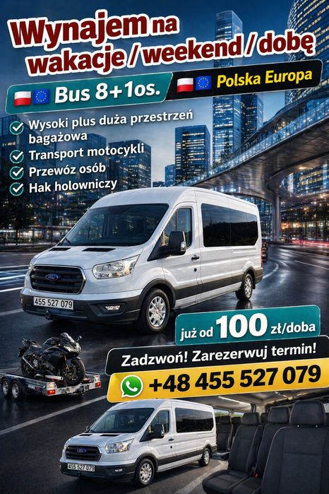 Wynajem bus 9 osobowy L3H2 hak 170cm bagażnika,na wesele wakacje weekend doba