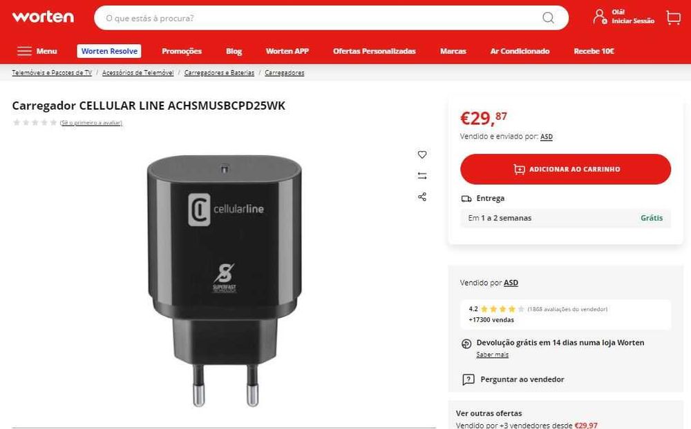 Carregador CELLULAR LINE Super Fast de 25W Charge USB-C (Novo)
