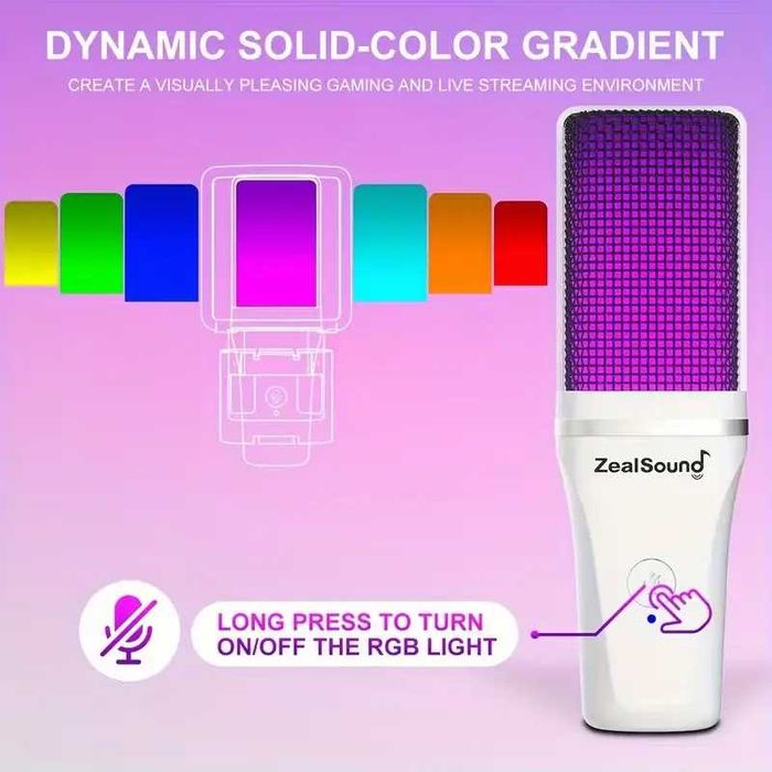 Геймінговий мікрофон ZealSound RGB з кронштейном для стрімів (кардіоїда, USB, моніторинг)