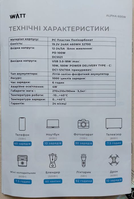 Портативна електростанція V-WATT ALPHA 600W 460Wh LiFePO4