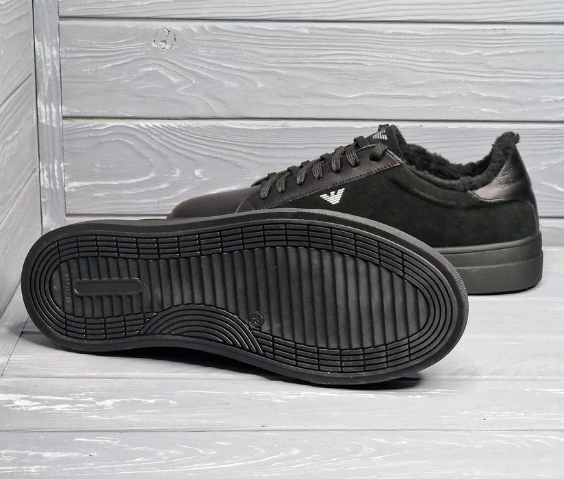 Кожаные замшевые мужские черные зимние низкие кеды кроссовки на меху!