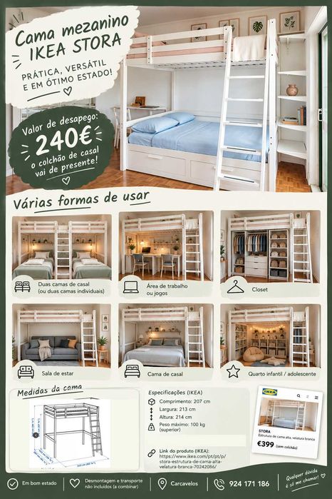 Cama Casal estrutura Alta Mezanino IKEA STORA com colchão de casal de oferta - Solução Bonita e Prática para pequenos espaços
