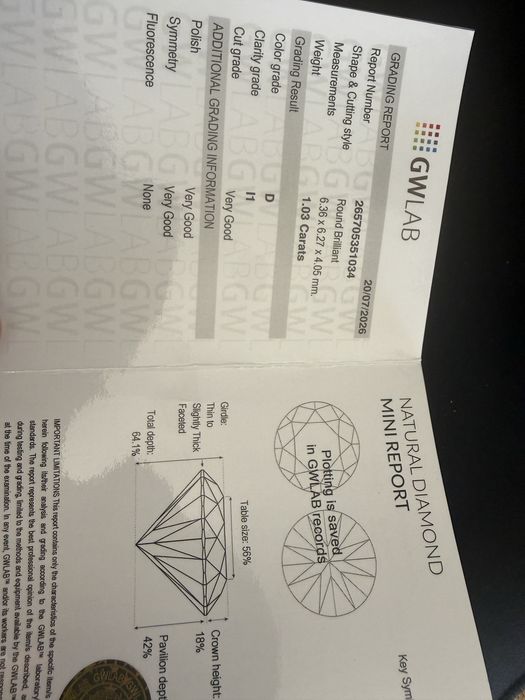 Diamante natural certificado 1,03 ct – Cor D – Round Brilliant