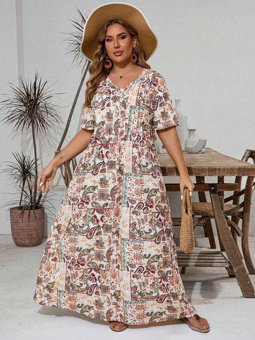 Sukienka Letnia Rozkloszowana Z Dekoltem V Maxi Paisley Shein 3Xl 46