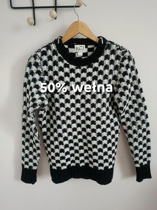 Sweter wełna czarny biały kratka okrągły dekolt klasyczny Reiss 36