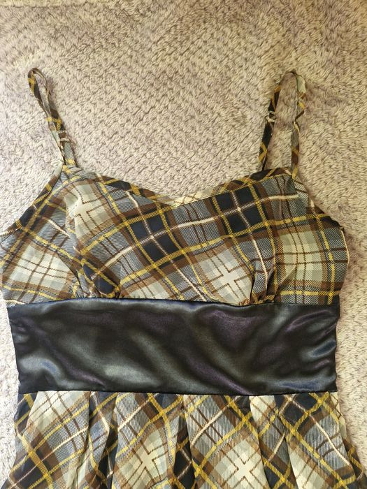 Sukienka boho ramiączka paisley krata S rare satynowy pas swag coquette