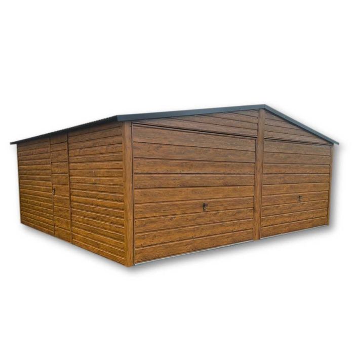 Garaż Blaszany dwuspadowy 6×5,8 brama uchylna, drewnopodobny