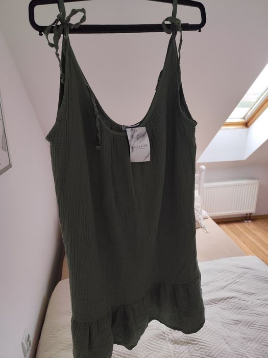 Muślinowa nowa sukienka khaki lato plaża wiązana uniwersalna