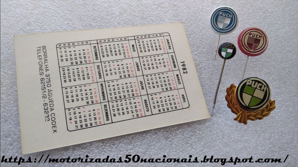 Calendário Motoesa Puch Maxi WY 50 de 1982 + Alfinetes de Lapela Puch