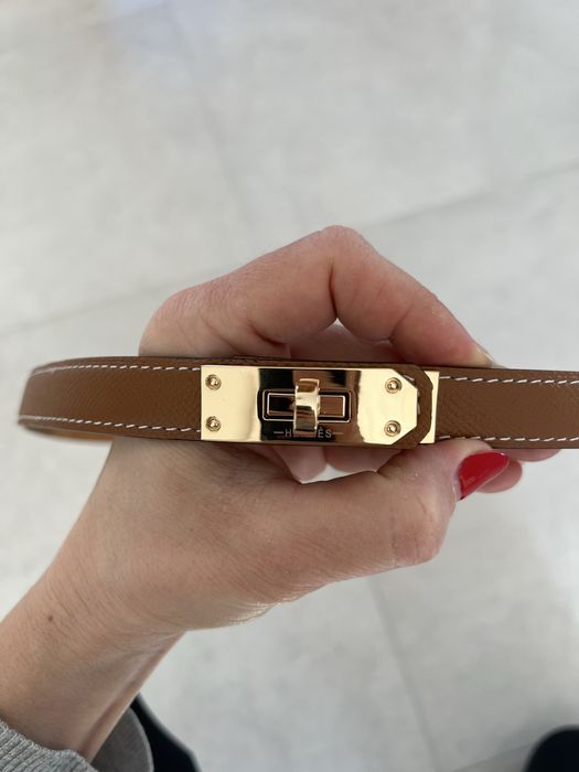 Brazowy skorzany pasek ze zlota klamra- rozm. Uniwersalny