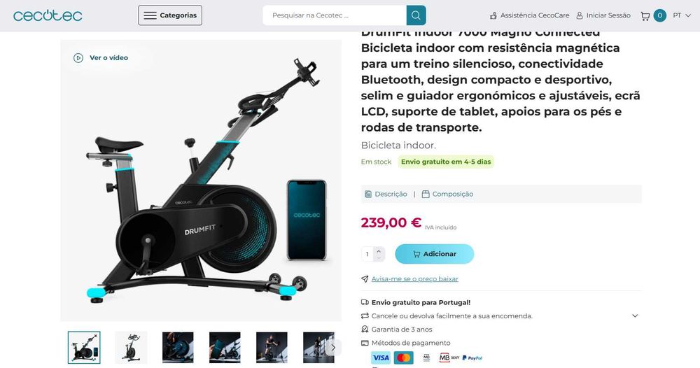 Bicicleta Interior com Bluetooth /Cecotec drumfit 7000 magno connected