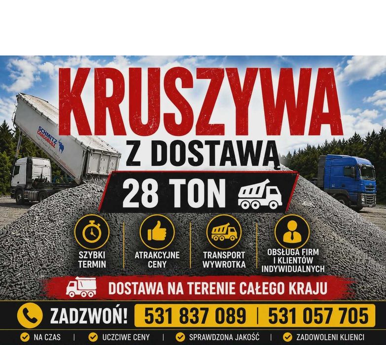 Kruszywo Drogowe, Kliniec, Tłuczeń  Grysy, Mieszanki 0-31,5, 0-63 -PROSTO Z KOPALNI !! SZYBKI TERMIN !!