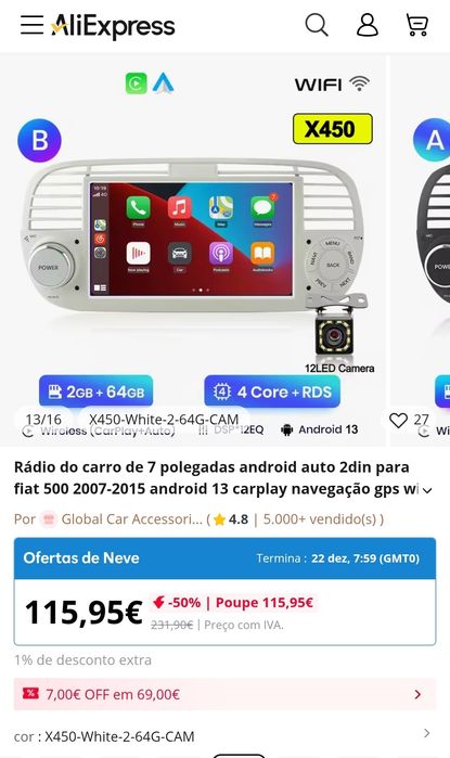 Radio 2 DIN Android Fiat 500  + Carplay + GPS + 2 GB RAM + 64 GB ROM