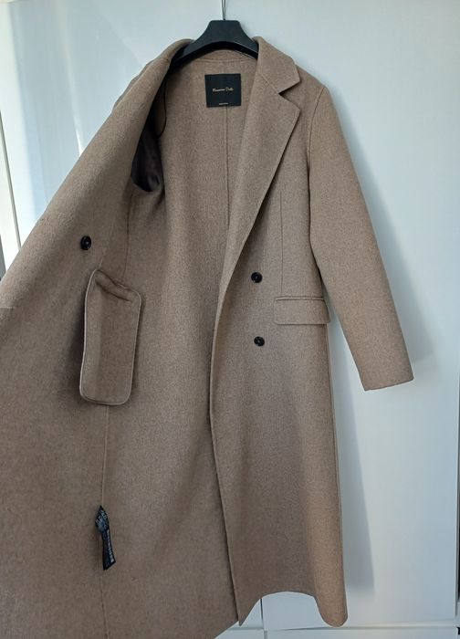 Massimo Dutti wełniany płaszcz przejściowy wiosenny beżowy długi midi