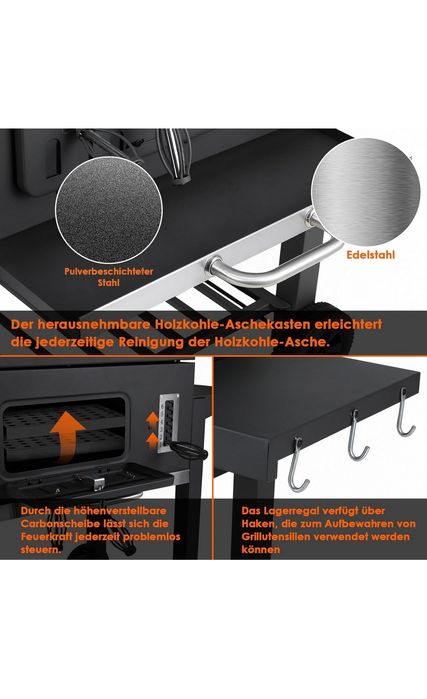 Grill na węgiel drzewny XXL z pokrywą, termometrem, półką i kółkami