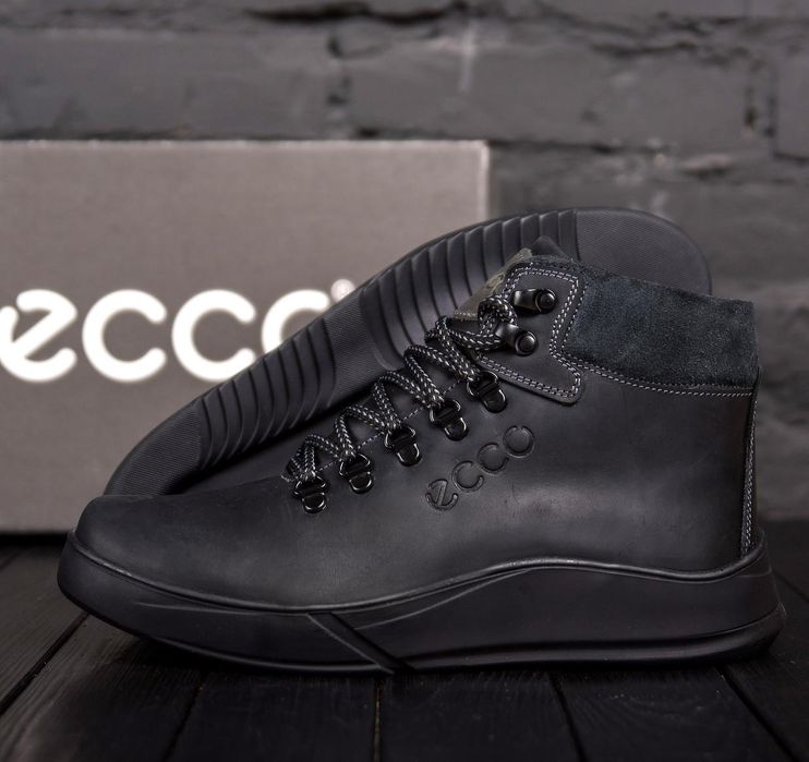 Чоловічі шкіряні черевики Ecco, зимові чорні ботінки високі, на хутрі