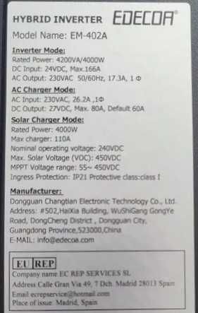 Гібридний інвертор Edecoa 4200W 24V