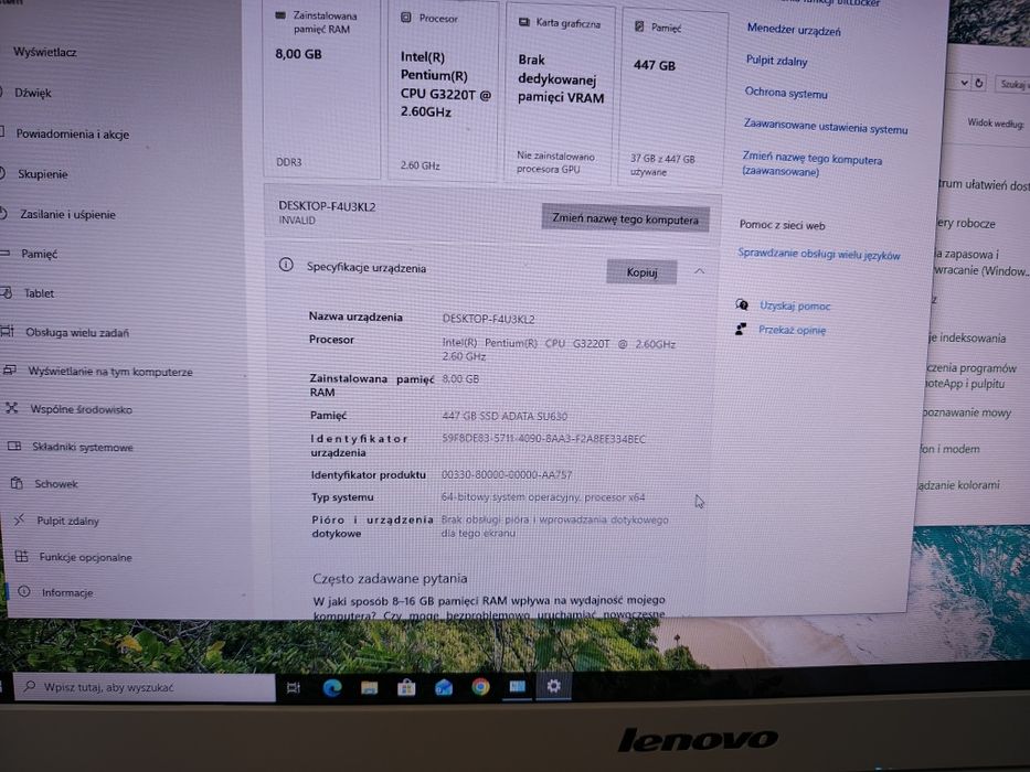 Komputer All-in-One Lenovo C460 21.5" | Szybki SSD | 8GB RAM | Idealny do biura i nauki
