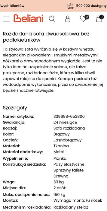 Rozkładana sofa dwuosobowa bez podłokietników